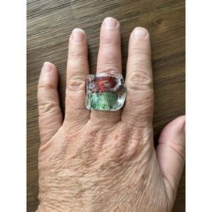 Murano Style Art Glass Ring Red Black Green Gold Swirl Chunky Statement Sz 10.5